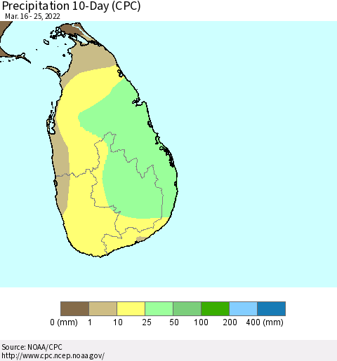 Sri Lanka Precipitation 10-Day (CPC) Thematic Map For 3/16/2022 - 3/25/2022