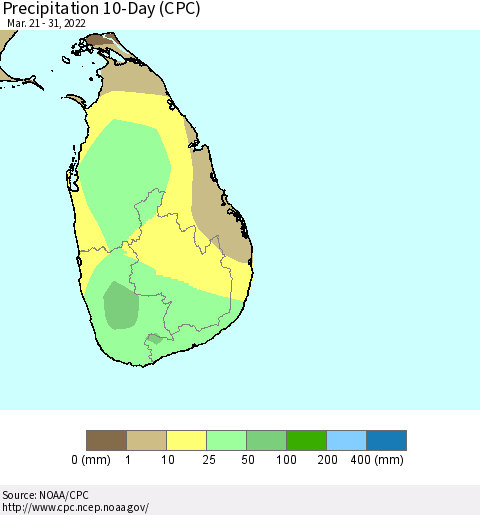 Sri Lanka Precipitation 10-Day (CPC) Thematic Map For 3/21/2022 - 3/31/2022