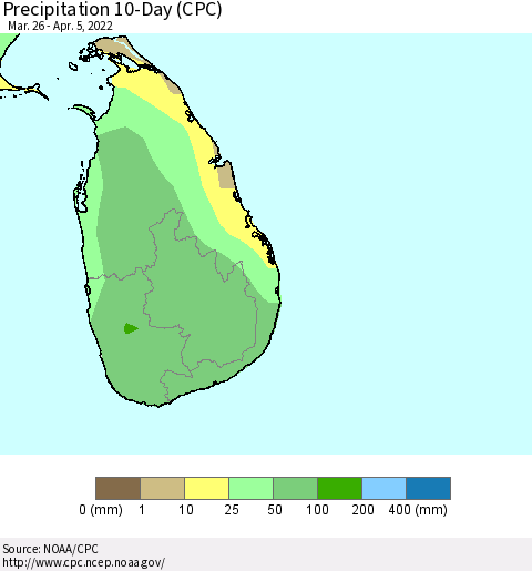 Sri Lanka Precipitation 10-Day (CPC) Thematic Map For 3/26/2022 - 4/5/2022