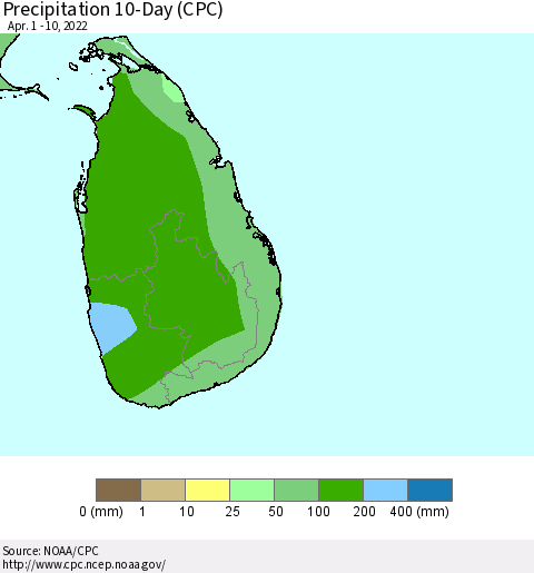 Sri Lanka Precipitation 10-Day (CPC) Thematic Map For 4/1/2022 - 4/10/2022