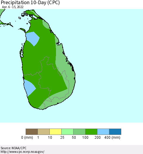 Sri Lanka Precipitation 10-Day (CPC) Thematic Map For 4/6/2022 - 4/15/2022