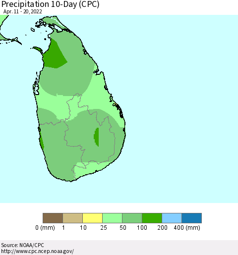 Sri Lanka Precipitation 10-Day (CPC) Thematic Map For 4/11/2022 - 4/20/2022