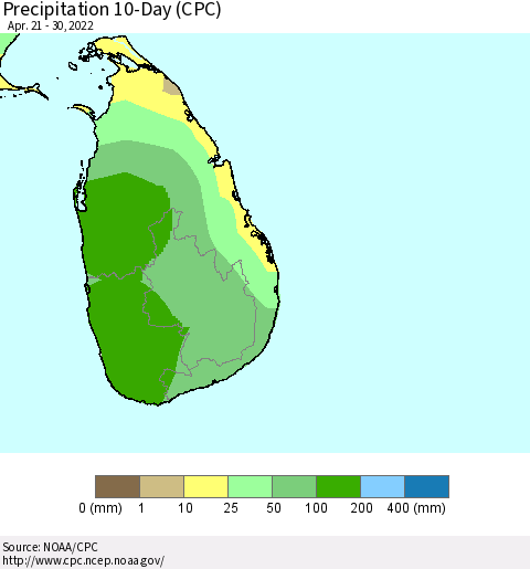 Sri Lanka Precipitation 10-Day (CPC) Thematic Map For 4/21/2022 - 4/30/2022