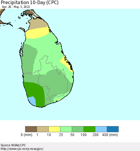Sri Lanka Precipitation 10-Day (CPC) Thematic Map For 4/26/2022 - 5/5/2022
