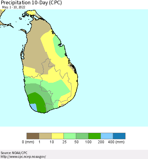 Sri Lanka Precipitation 10-Day (CPC) Thematic Map For 5/1/2022 - 5/10/2022