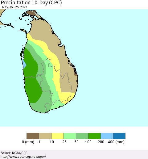 Sri Lanka Precipitation 10-Day (CPC) Thematic Map For 5/16/2022 - 5/25/2022
