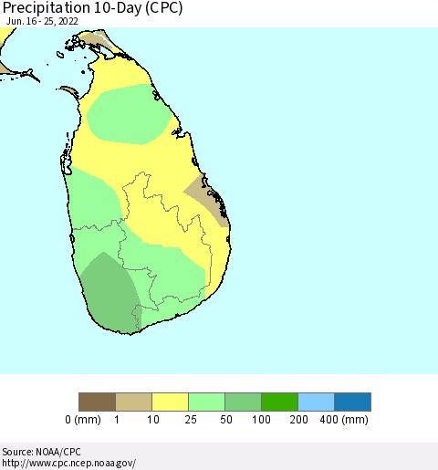 Sri Lanka Precipitation 10-Day (CPC) Thematic Map For 6/16/2022 - 6/25/2022