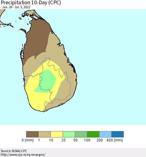 Sri Lanka Precipitation 10-Day (CPC) Thematic Map For 6/26/2022 - 7/5/2022