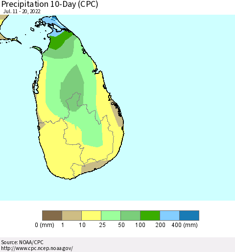 Sri Lanka Precipitation 10-Day (CPC) Thematic Map For 7/11/2022 - 7/20/2022