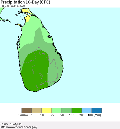 Sri Lanka Precipitation 10-Day (CPC) Thematic Map For 7/26/2022 - 8/5/2022