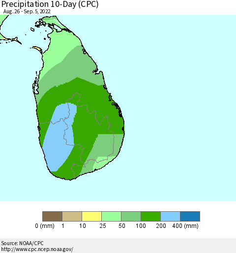 Sri Lanka Precipitation 10-Day (CPC) Thematic Map For 8/26/2022 - 9/5/2022