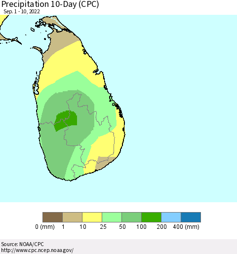 Sri Lanka Precipitation 10-Day (CPC) Thematic Map For 9/1/2022 - 9/10/2022