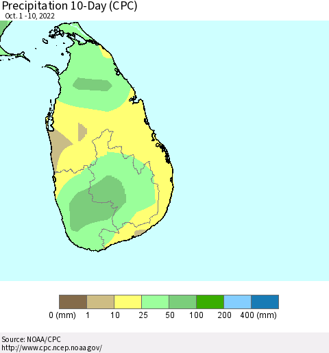 Sri Lanka Precipitation 10-Day (CPC) Thematic Map For 10/1/2022 - 10/10/2022
