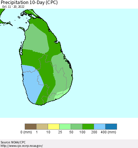 Sri Lanka Precipitation 10-Day (CPC) Thematic Map For 10/11/2022 - 10/20/2022