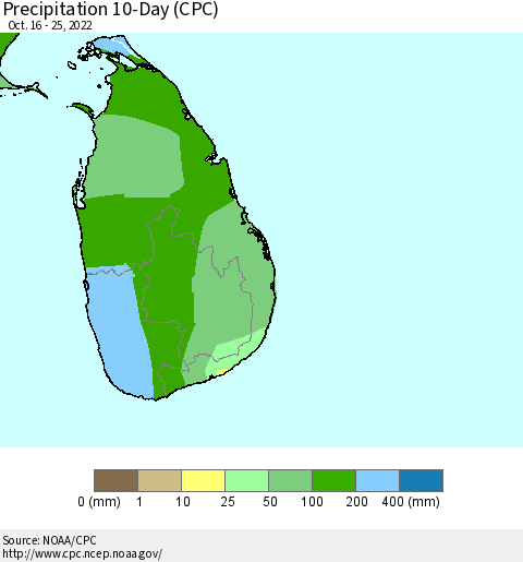 Sri Lanka Precipitation 10-Day (CPC) Thematic Map For 10/16/2022 - 10/25/2022