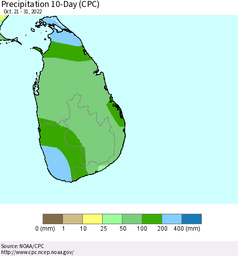 Sri Lanka Precipitation 10-Day (CPC) Thematic Map For 10/21/2022 - 10/31/2022
