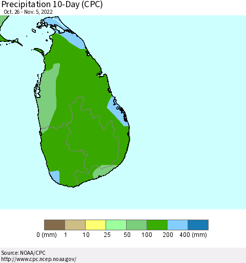 Sri Lanka Precipitation 10-Day (CPC) Thematic Map For 10/26/2022 - 11/5/2022