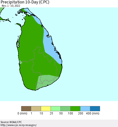 Sri Lanka Precipitation 10-Day (CPC) Thematic Map For 11/1/2022 - 11/10/2022
