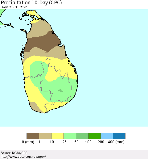 Sri Lanka Precipitation 10-Day (CPC) Thematic Map For 11/21/2022 - 11/30/2022