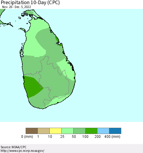 Sri Lanka Precipitation 10-Day (CPC) Thematic Map For 11/26/2022 - 12/5/2022