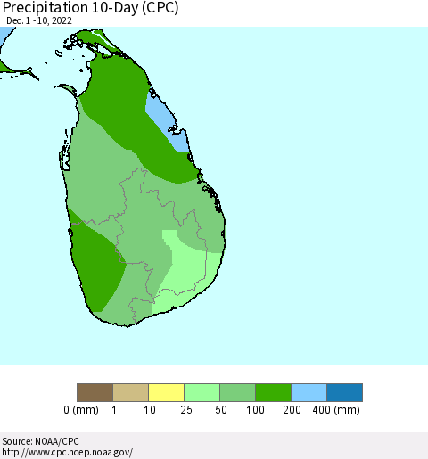 Sri Lanka Precipitation 10-Day (CPC) Thematic Map For 12/1/2022 - 12/10/2022