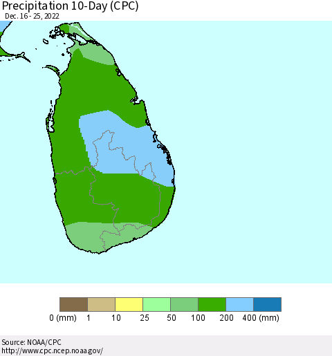 Sri Lanka Precipitation 10-Day (CPC) Thematic Map For 12/16/2022 - 12/25/2022