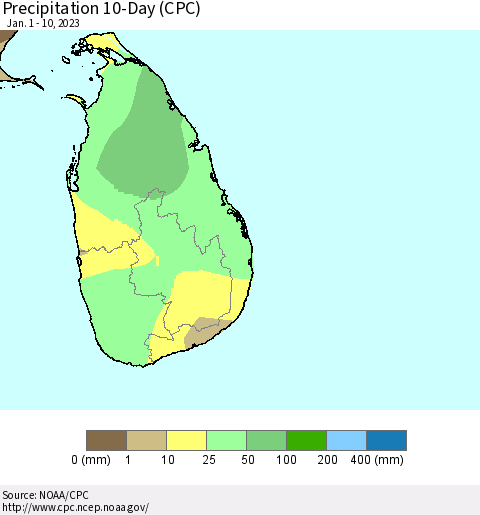 Sri Lanka Precipitation 10-Day (CPC) Thematic Map For 1/1/2023 - 1/10/2023