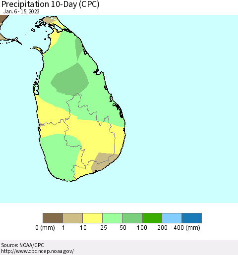 Sri Lanka Precipitation 10-Day (CPC) Thematic Map For 1/6/2023 - 1/15/2023