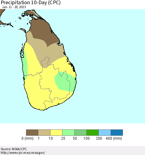 Sri Lanka Precipitation 10-Day (CPC) Thematic Map For 1/11/2023 - 1/20/2023