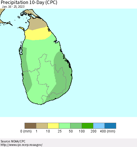 Sri Lanka Precipitation 10-Day (CPC) Thematic Map For 1/16/2023 - 1/25/2023