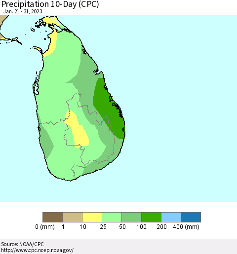 Sri Lanka Precipitation 10-Day (CPC) Thematic Map For 1/21/2023 - 1/31/2023