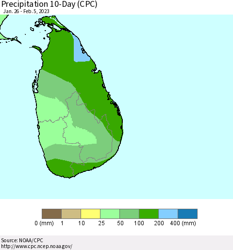 Sri Lanka Precipitation 10-Day (CPC) Thematic Map For 1/26/2023 - 2/5/2023