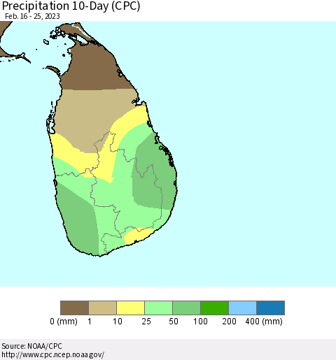 Sri Lanka Precipitation 10-Day (CPC) Thematic Map For 2/16/2023 - 2/25/2023
