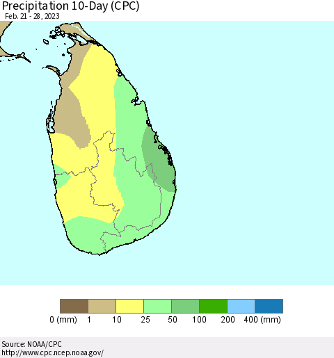 Sri Lanka Precipitation 10-Day (CPC) Thematic Map For 2/21/2023 - 2/28/2023