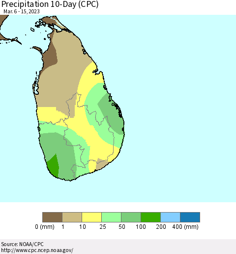 Sri Lanka Precipitation 10-Day (CPC) Thematic Map For 3/6/2023 - 3/15/2023