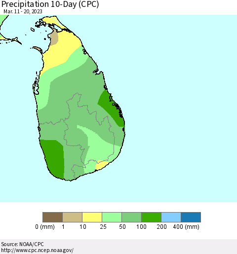Sri Lanka Precipitation 10-Day (CPC) Thematic Map For 3/11/2023 - 3/20/2023
