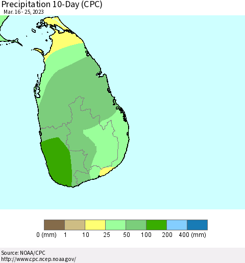 Sri Lanka Precipitation 10-Day (CPC) Thematic Map For 3/16/2023 - 3/25/2023