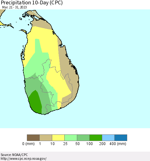 Sri Lanka Precipitation 10-Day (CPC) Thematic Map For 3/21/2023 - 3/31/2023