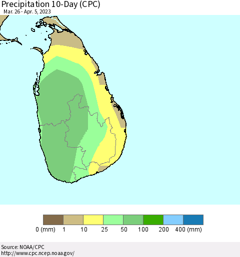 Sri Lanka Precipitation 10-Day (CPC) Thematic Map For 3/26/2023 - 4/5/2023