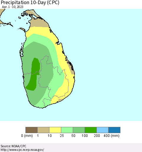 Sri Lanka Precipitation 10-Day (CPC) Thematic Map For 4/1/2023 - 4/10/2023