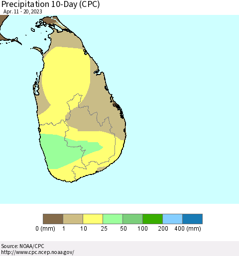 Sri Lanka Precipitation 10-Day (CPC) Thematic Map For 4/11/2023 - 4/20/2023