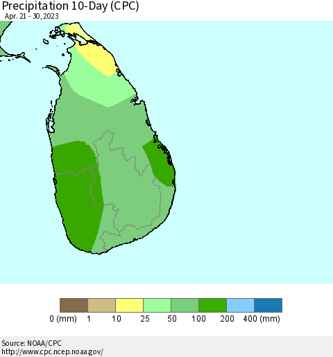 Sri Lanka Precipitation 10-Day (CPC) Thematic Map For 4/21/2023 - 4/30/2023