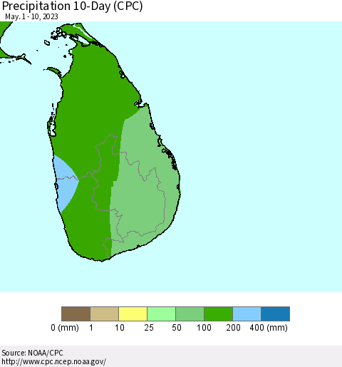 Sri Lanka Precipitation 10-Day (CPC) Thematic Map For 5/1/2023 - 5/10/2023
