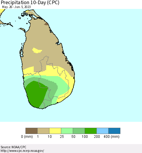 Sri Lanka Precipitation 10-Day (CPC) Thematic Map For 5/26/2023 - 6/5/2023