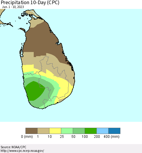 Sri Lanka Precipitation 10-Day (CPC) Thematic Map For 6/1/2023 - 6/10/2023