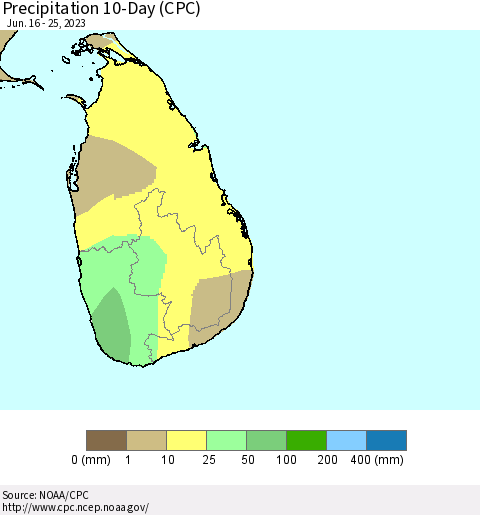 Sri Lanka Precipitation 10-Day (CPC) Thematic Map For 6/16/2023 - 6/25/2023