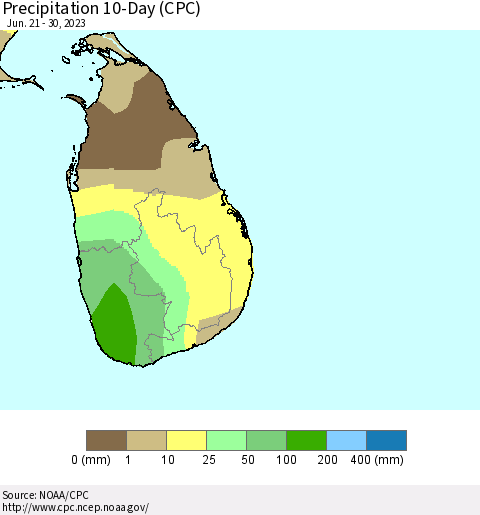 Sri Lanka Precipitation 10-Day (CPC) Thematic Map For 6/21/2023 - 6/30/2023