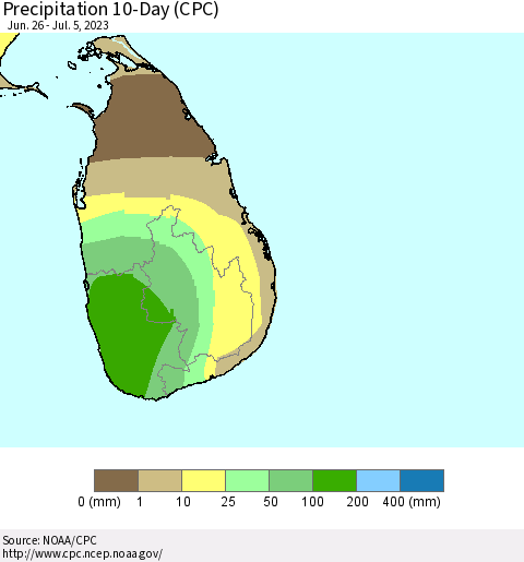 Sri Lanka Precipitation 10-Day (CPC) Thematic Map For 6/26/2023 - 7/5/2023