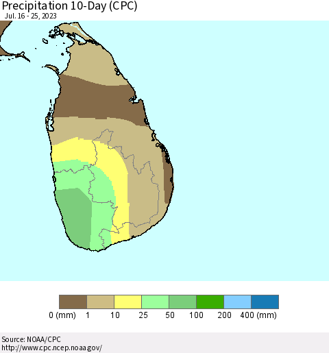 Sri Lanka Precipitation 10-Day (CPC) Thematic Map For 7/16/2023 - 7/25/2023