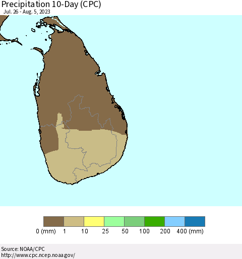 Sri Lanka Precipitation 10-Day (CPC) Thematic Map For 7/26/2023 - 8/5/2023
